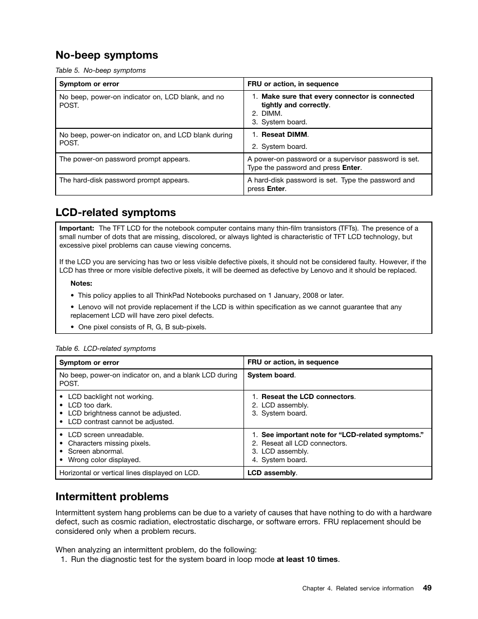 No-beep symptoms, Lcd-related symptoms, Intermittent problems | IBM X220 User Manual | Page 55 / 146