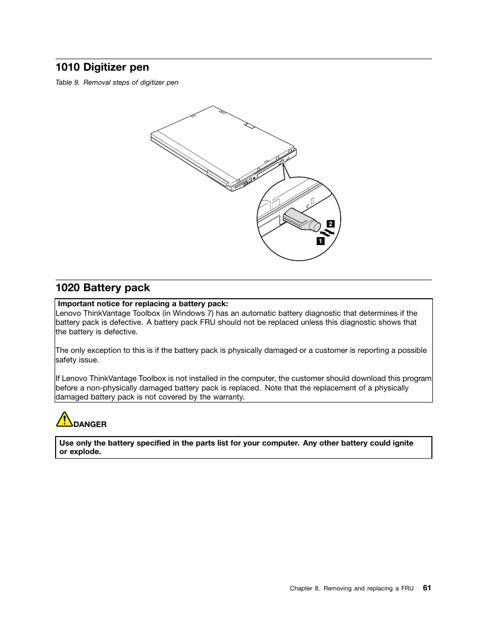 1010 digitizer pen, 1020 battery pack | IBM X220 User Manual | Page 67 / 146