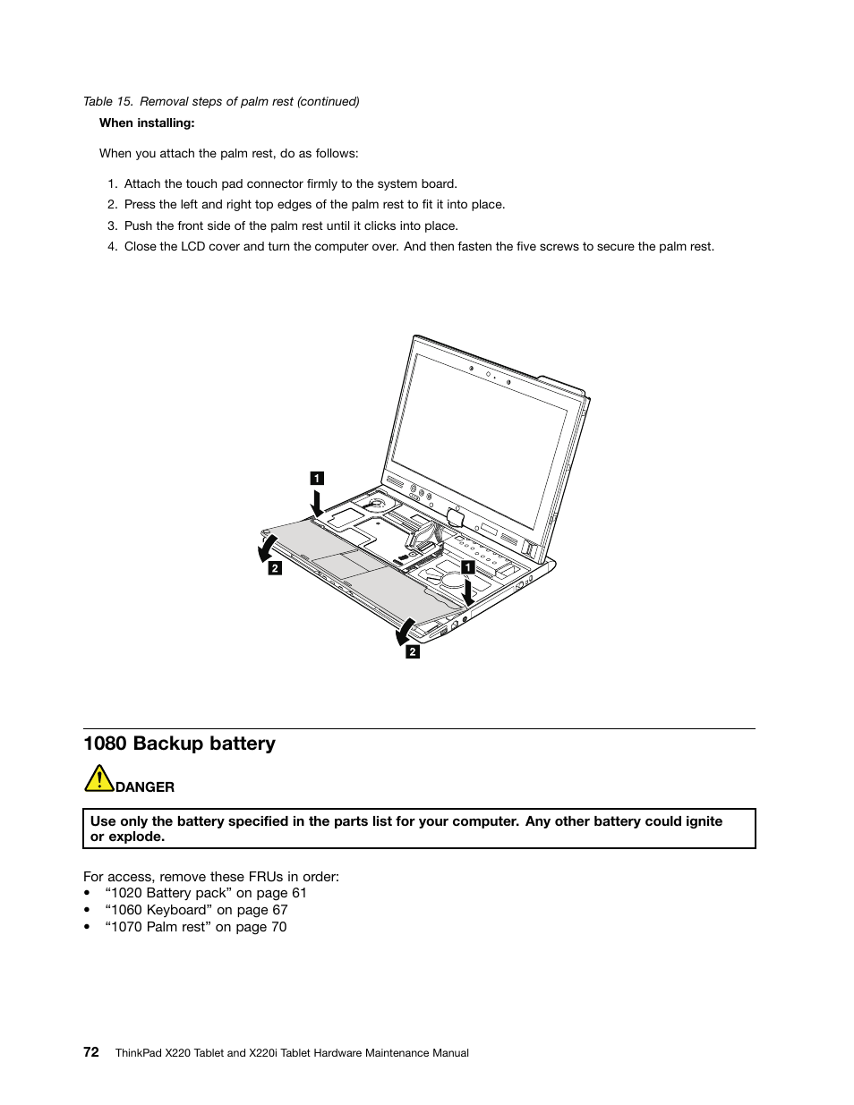 1080 backup battery | IBM X220 User Manual | Page 78 / 146
