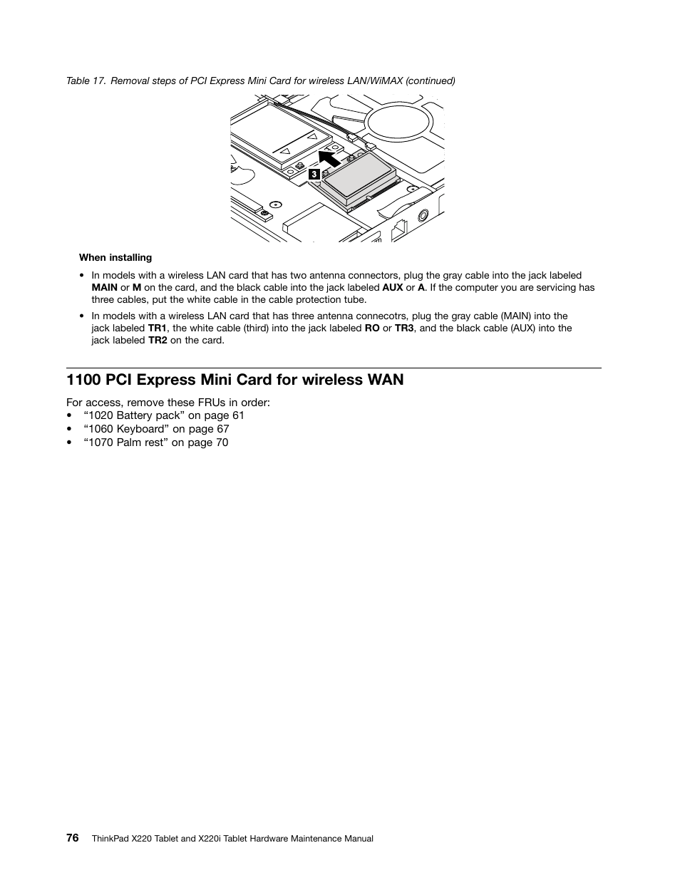 1100 pci express mini card for wireless wan | IBM X220 User Manual | Page 82 / 146