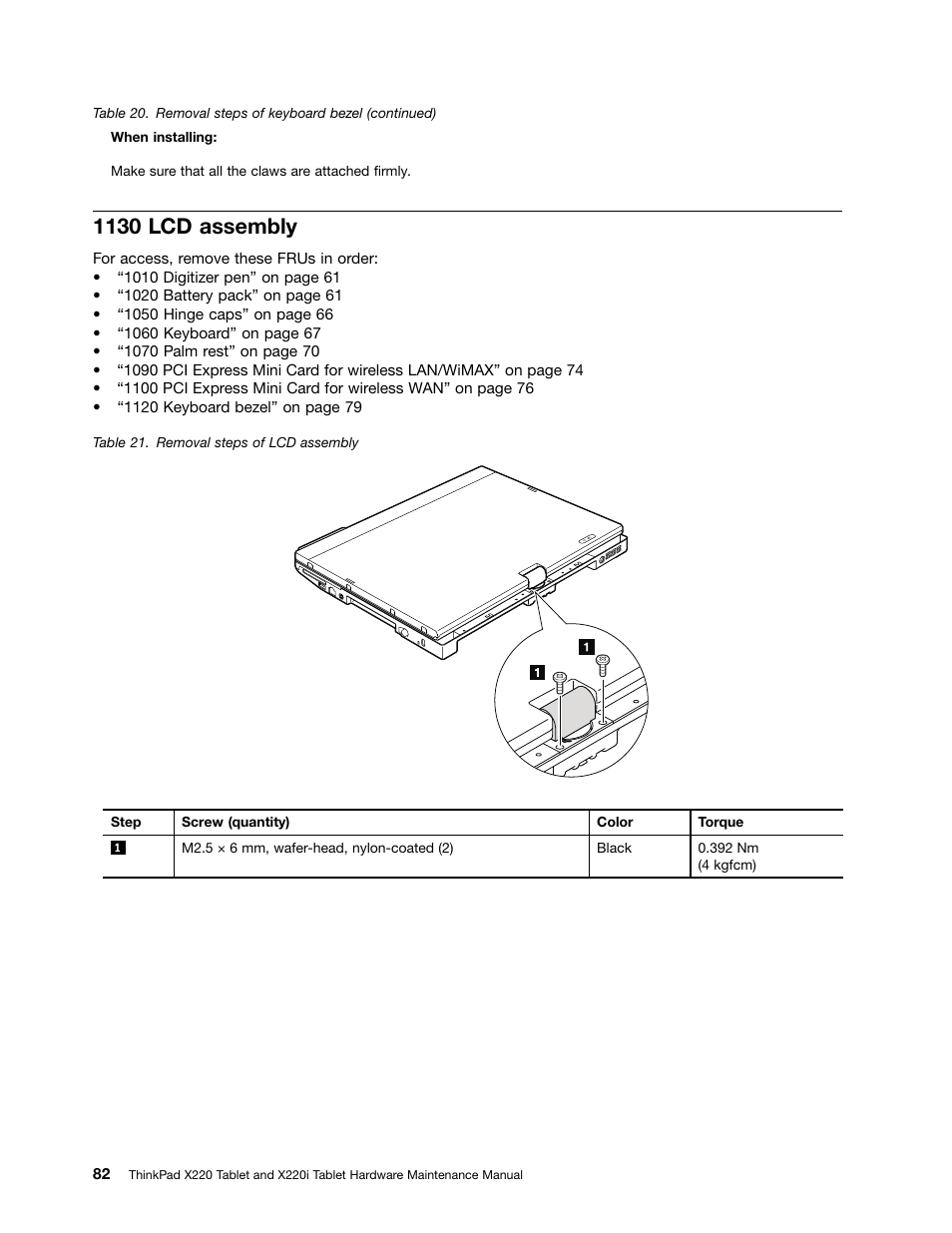 1130 lcd assembly | IBM X220 User Manual | Page 88 / 146