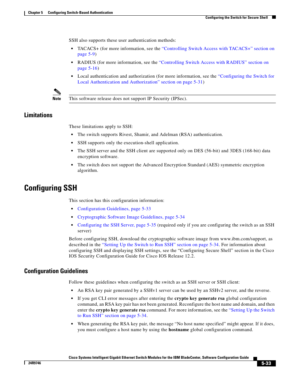 Limitations, Configuring ssh, Configuration guidelines | IBM 12.1(22)EA6 User Manual | Page 113 / 550