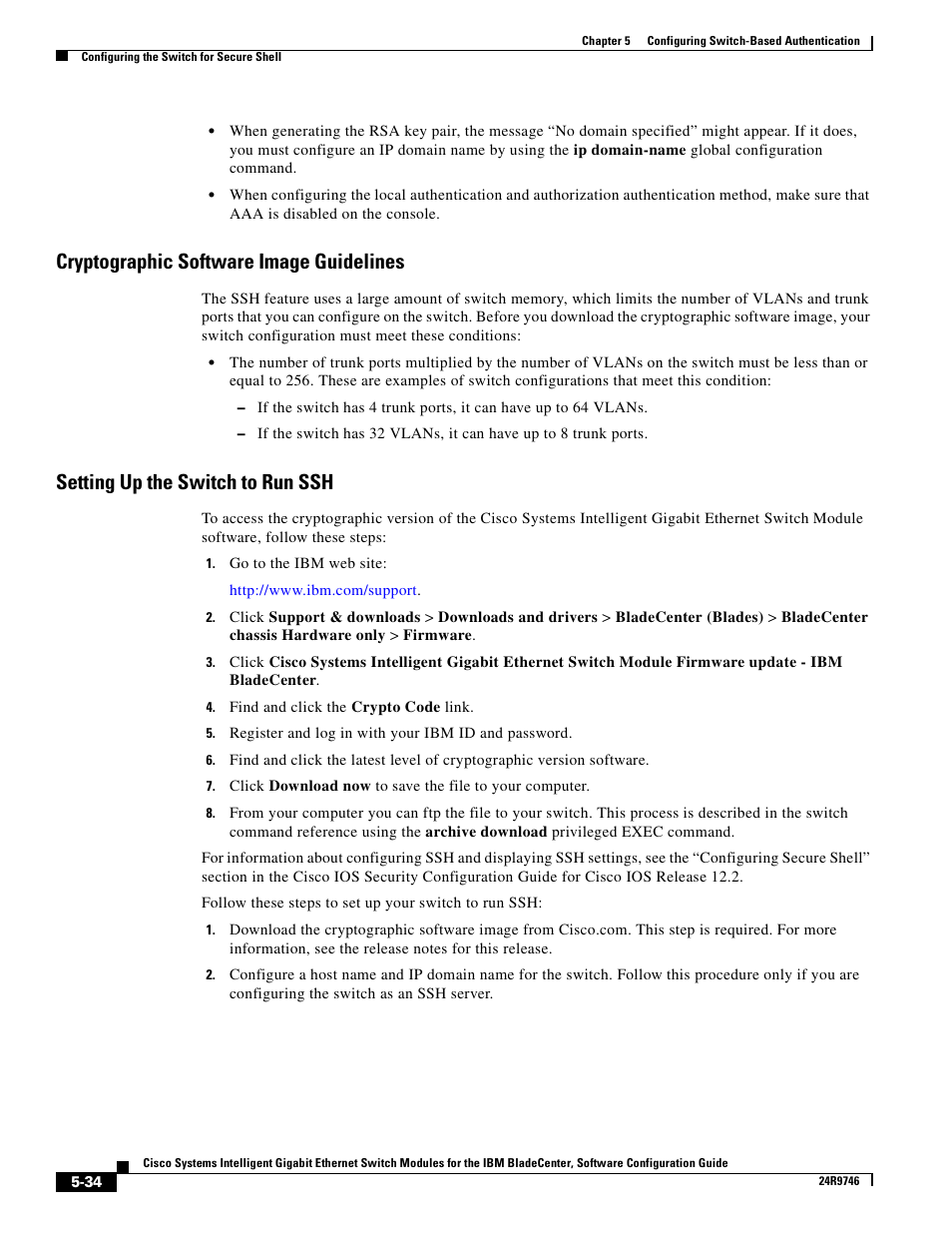 Cryptographic software image guidelines, Setting up the switch to run ssh, Setting up the switch | IBM 12.1(22)EA6 User Manual | Page 114 / 550