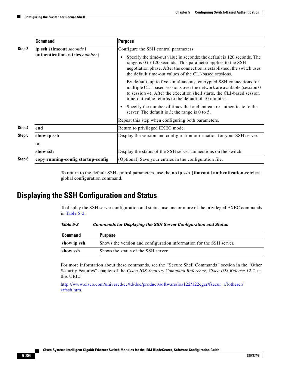 Displaying the ssh configuration and status | IBM 12.1(22)EA6 User Manual | Page 116 / 550
