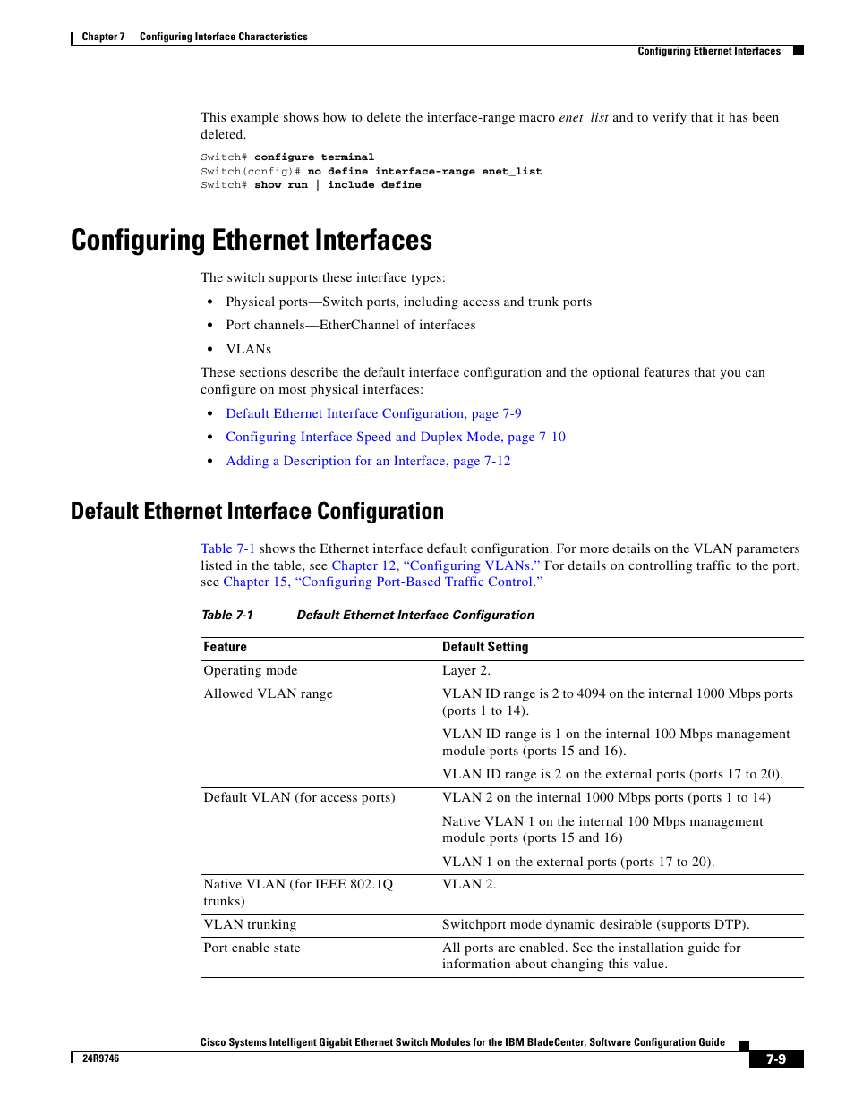 Configuring ethernet interfaces, Default ethernet interface configuration | IBM 12.1(22)EA6 User Manual | Page 151 / 550