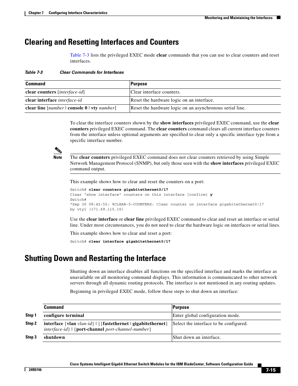 Clearing and resetting interfaces and counters, Shutting down and restarting the interface | IBM 12.1(22)EA6 User Manual | Page 157 / 550