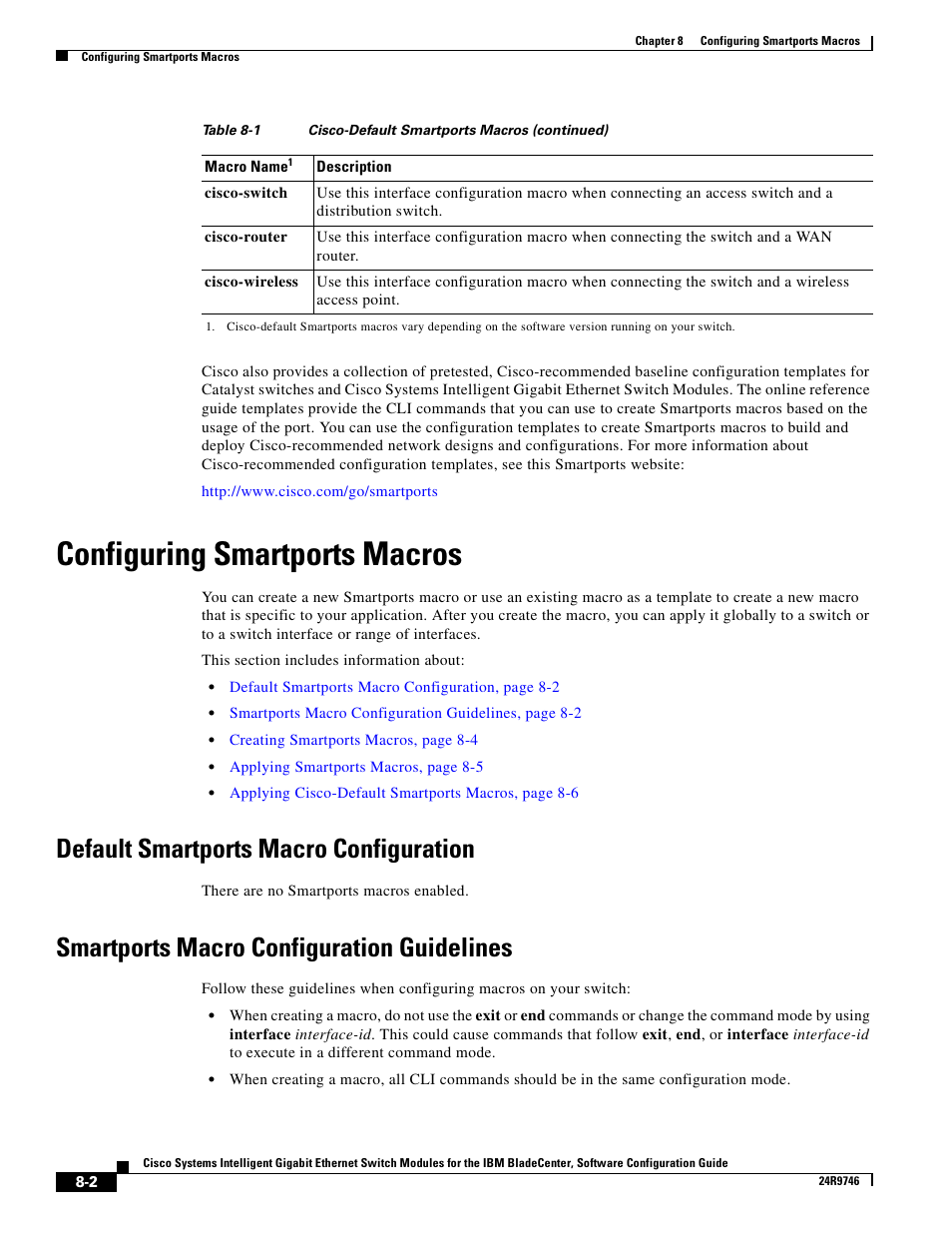 Configuring smartports macros, Default smartports macro configuration, Smartports macro configuration guidelines | IBM 12.1(22)EA6 User Manual | Page 160 / 550