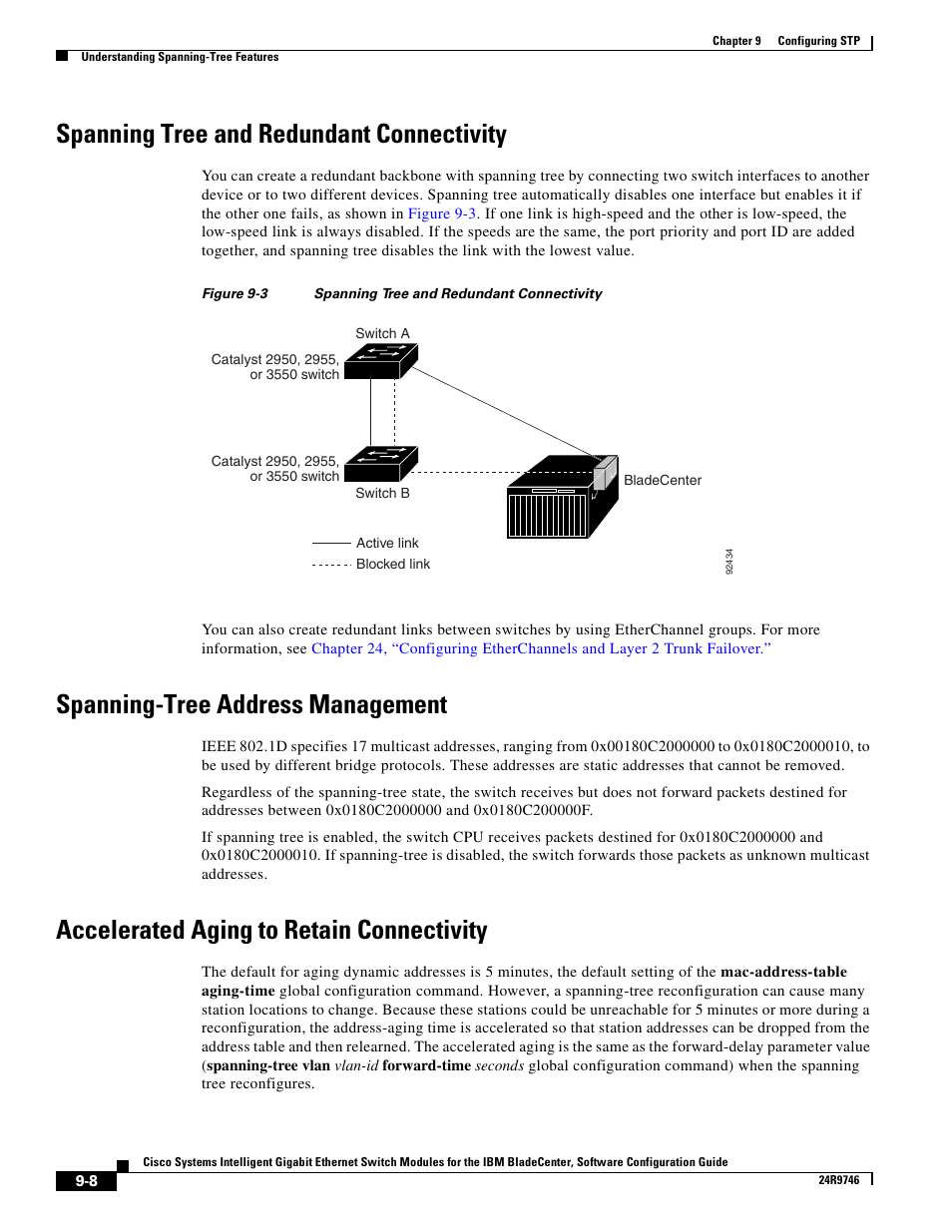 Spanning tree and redundant connectivity, Spanning-tree address management, Accelerated aging to retain connectivity | IBM 12.1(22)EA6 User Manual | Page 174 / 550