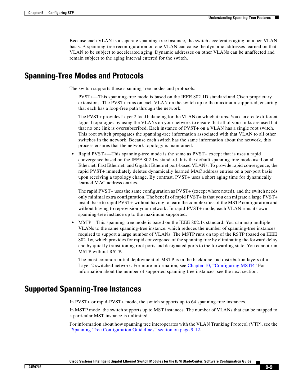 Spanning-tree modes and protocols, Supported spanning-tree instances | IBM 12.1(22)EA6 User Manual | Page 175 / 550