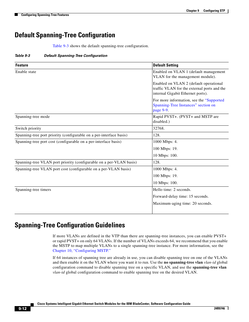 Default spanning-tree configuration, Spanning-tree configuration guidelines | IBM 12.1(22)EA6 User Manual | Page 178 / 550