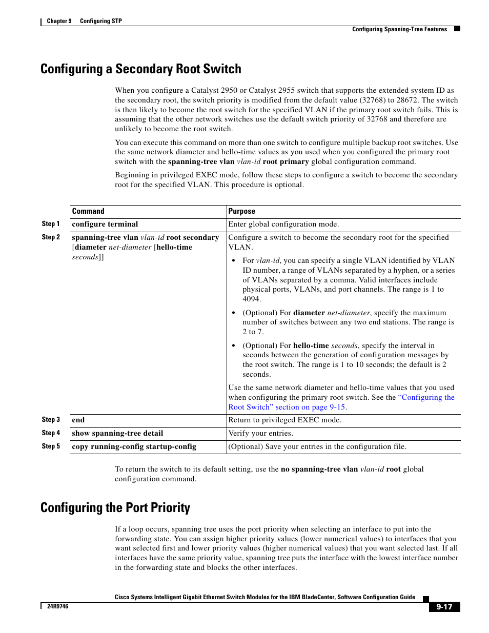 Configuring a secondary root switch, Configuring the port priority | IBM 12.1(22)EA6 User Manual | Page 183 / 550