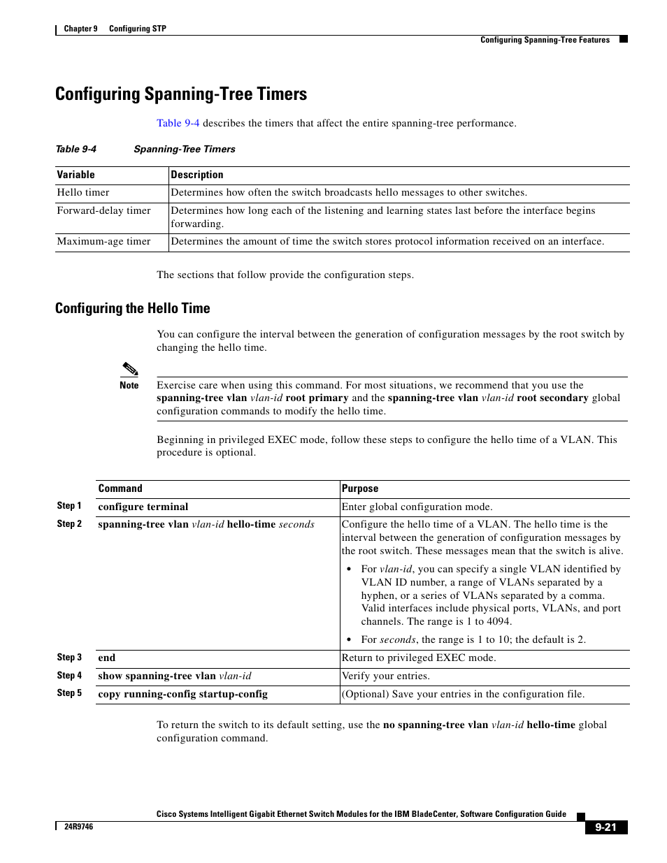 Configuring spanning-tree timers, Configuring the hello time | IBM 12.1(22)EA6 User Manual | Page 187 / 550