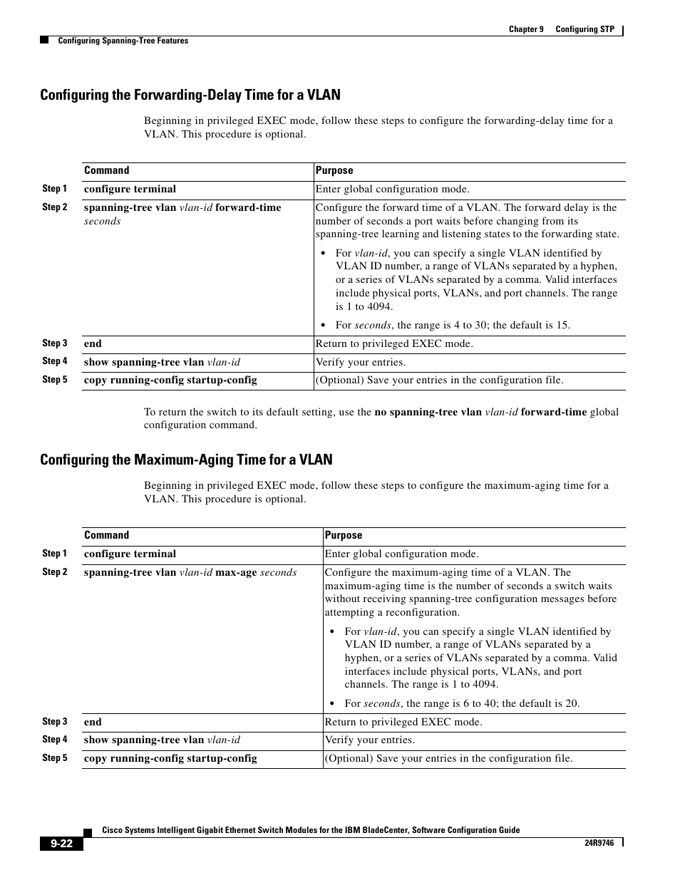 Configuring the forwarding-delay time for a vlan, Configuring the maximum-aging time for a vlan | IBM 12.1(22)EA6 User Manual | Page 188 / 550