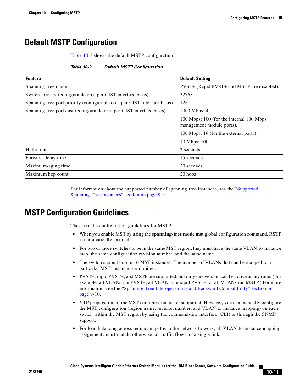 Default mstp configuration, Mstp configuration guidelines | IBM 12.1(22)EA6 User Manual | Page 201 / 550