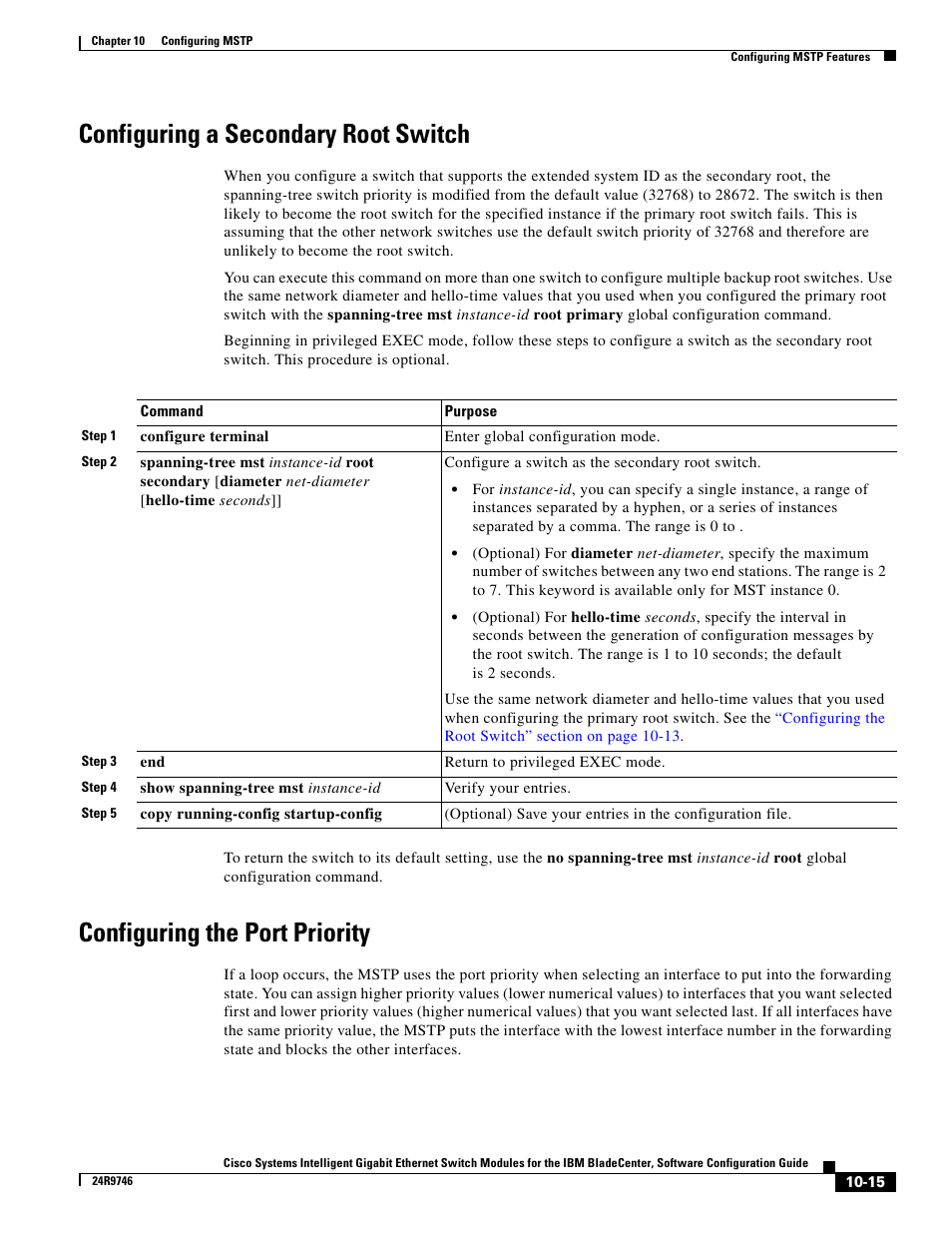 Configuring a secondary root switch, Configuring the port priority | IBM 12.1(22)EA6 User Manual | Page 205 / 550