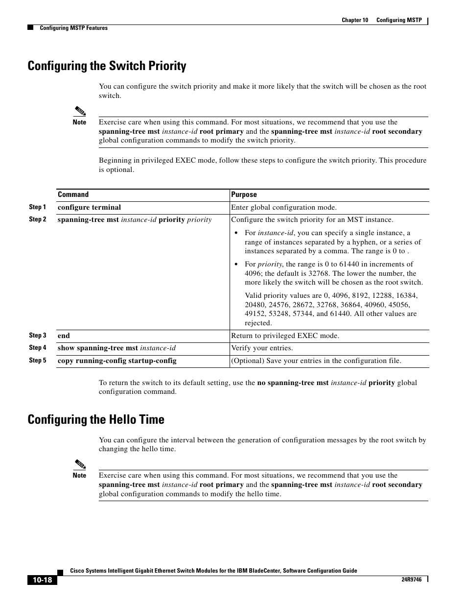 Configuring the switch priority, Configuring the hello time | IBM 12.1(22)EA6 User Manual | Page 208 / 550