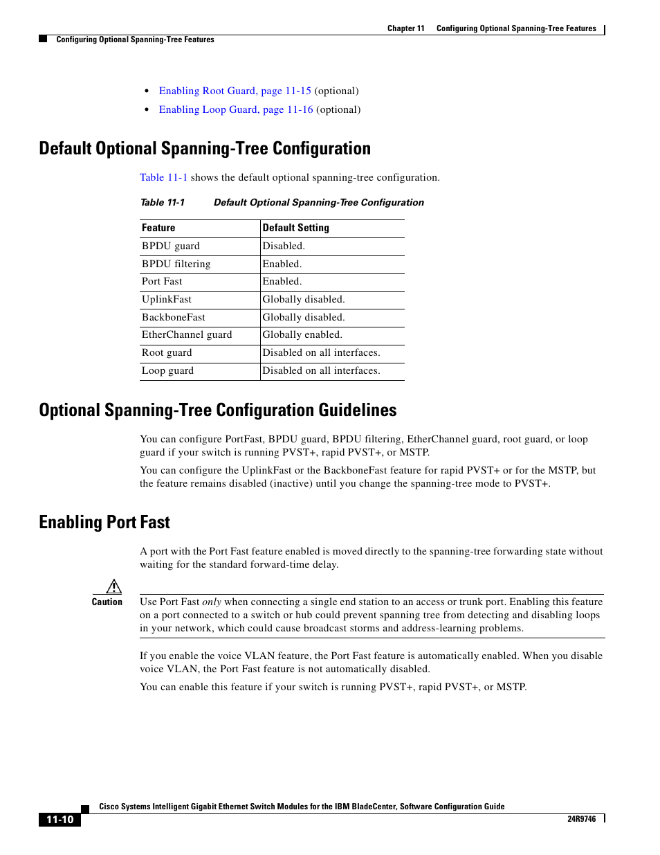 Default optional spanning-tree configuration, Optional spanning-tree configuration guidelines, Enabling port fast | Optional spanning-tree | IBM 12.1(22)EA6 User Manual | Page 222 / 550