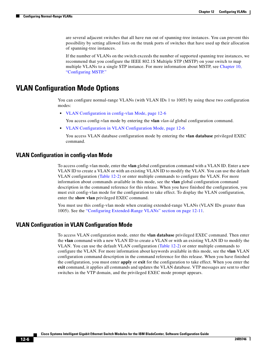 Vlan configuration mode options, Vlan configuration in config-vlan mode, Vlan configuration in vlan configuration mode | IBM 12.1(22)EA6 User Manual | Page 236 / 550