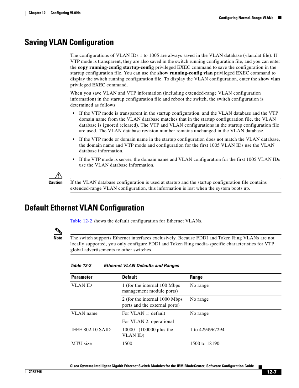 Saving vlan configuration, Default ethernet vlan configuration, Table 12-2 | IBM 12.1(22)EA6 User Manual | Page 237 / 550