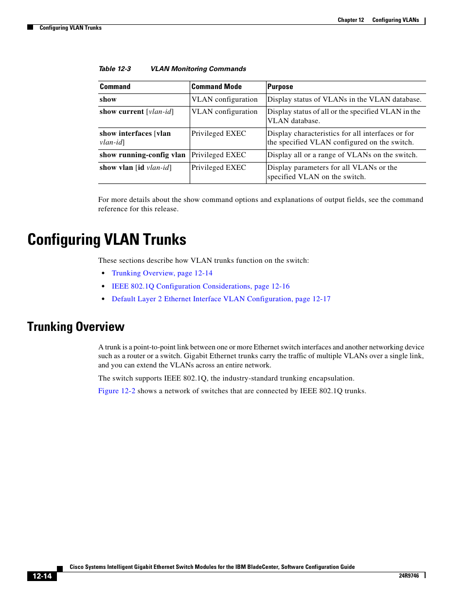 Configuring vlan trunks, Trunking overview, Table 12-3 | IBM 12.1(22)EA6 User Manual | Page 244 / 550