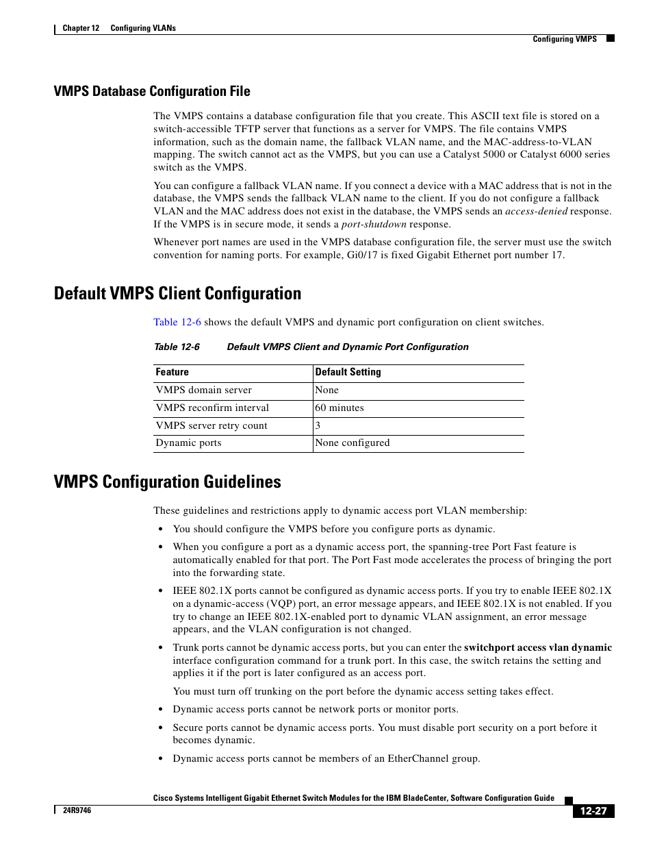 Vmps database configuration file, Default vmps client configuration, Vmps configuration guidelines | IBM 12.1(22)EA6 User Manual | Page 257 / 550
