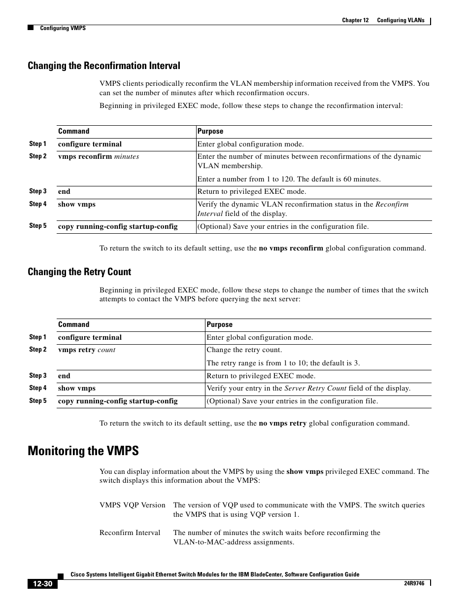 Changing the reconfirmation interval, Changing the retry count, Monitoring the vmps | IBM 12.1(22)EA6 User Manual | Page 260 / 550