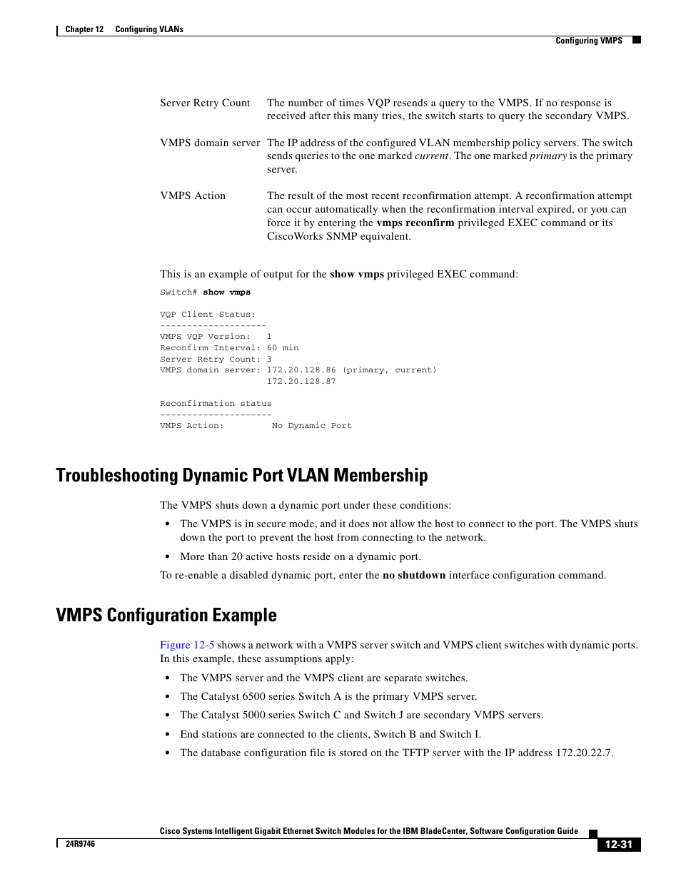 Troubleshooting dynamic port vlan membership, Vmps configuration example | IBM 12.1(22)EA6 User Manual | Page 261 / 550