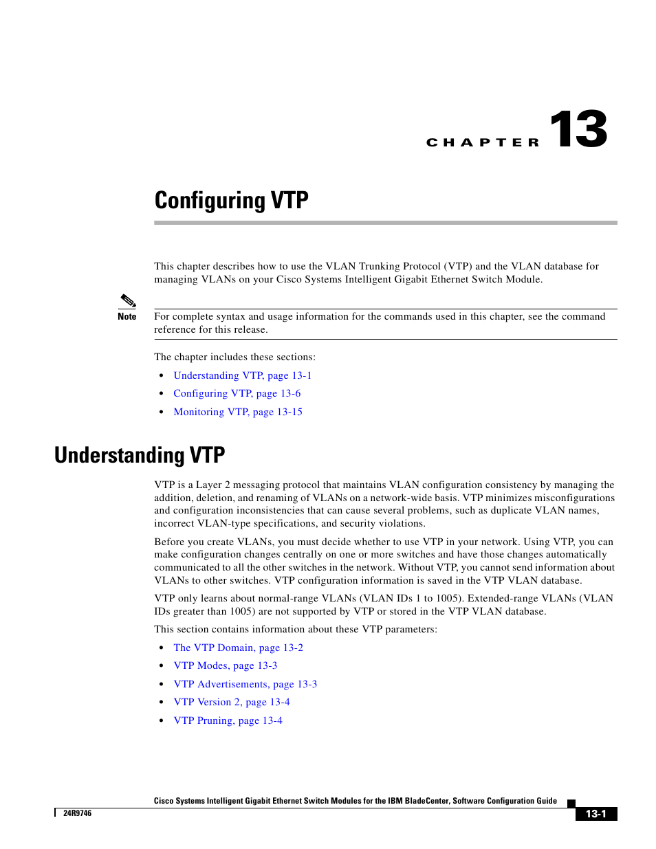 Configuring vtp, Understanding vtp, C h a p t e r | Chapter 13, Chapter 13, “configuring | IBM 12.1(22)EA6 User Manual | Page 263 / 550