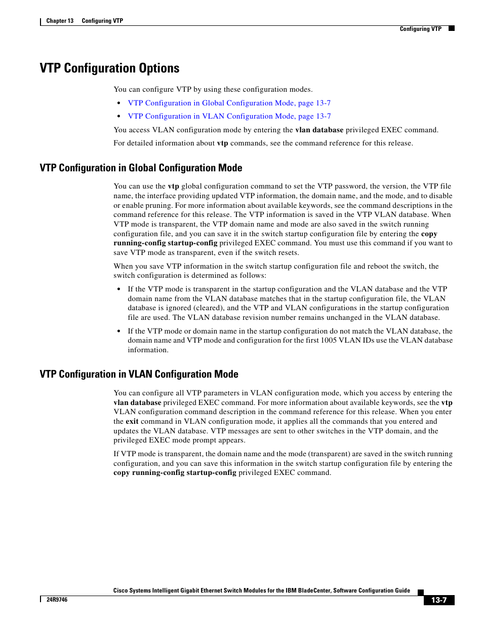 Vtp configuration options, Vtp configuration in global configuration mode, Vtp configuration in vlan configuration mode | IBM 12.1(22)EA6 User Manual | Page 269 / 550