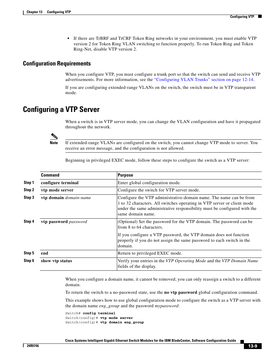 Configuration requirements, Configuring a vtp server | IBM 12.1(22)EA6 User Manual | Page 271 / 550