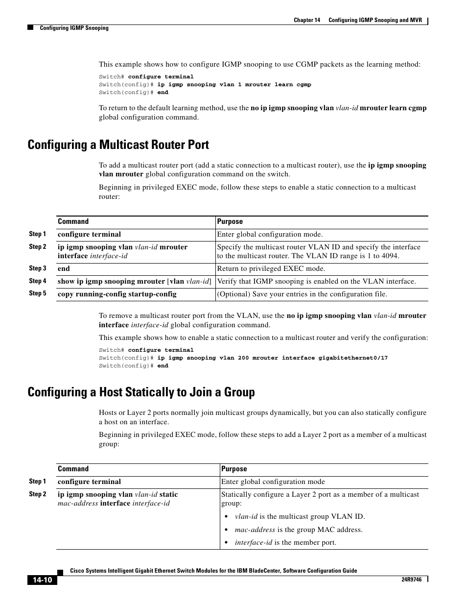 Configuring a multicast router port, Configuring a host statically to join a group | IBM 12.1(22)EA6 User Manual | Page 288 / 550