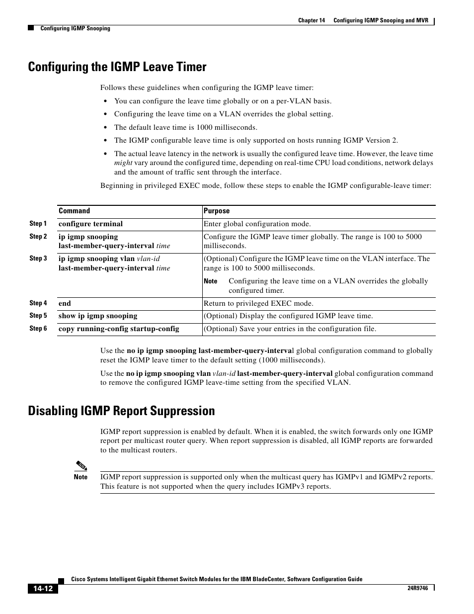 Configuring the igmp leave timer, Disabling igmp report suppression | IBM 12.1(22)EA6 User Manual | Page 290 / 550