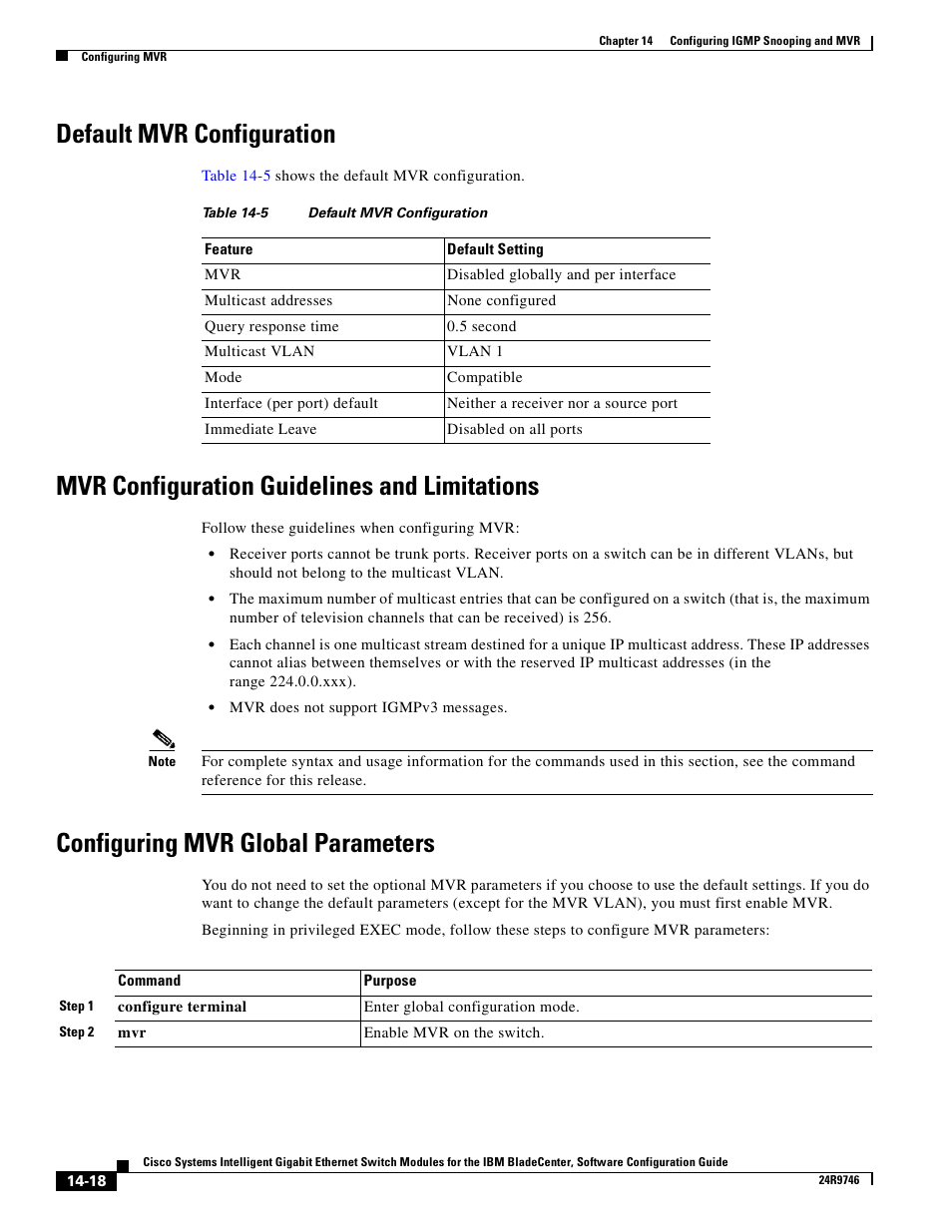 Default mvr configuration, Mvr configuration guidelines and limitations, Configuring mvr global parameters | IBM 12.1(22)EA6 User Manual | Page 296 / 550