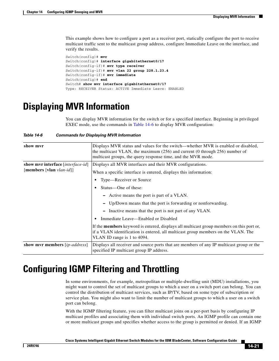 Displaying mvr information, Configuring igmp filtering and throttling | IBM 12.1(22)EA6 User Manual | Page 299 / 550