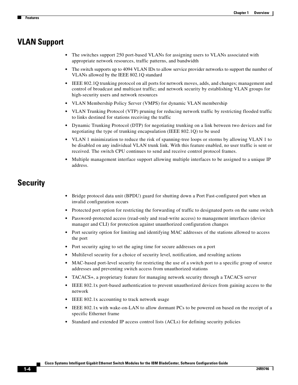 Vlan support, Security | IBM 12.1(22)EA6 User Manual | Page 30 / 550