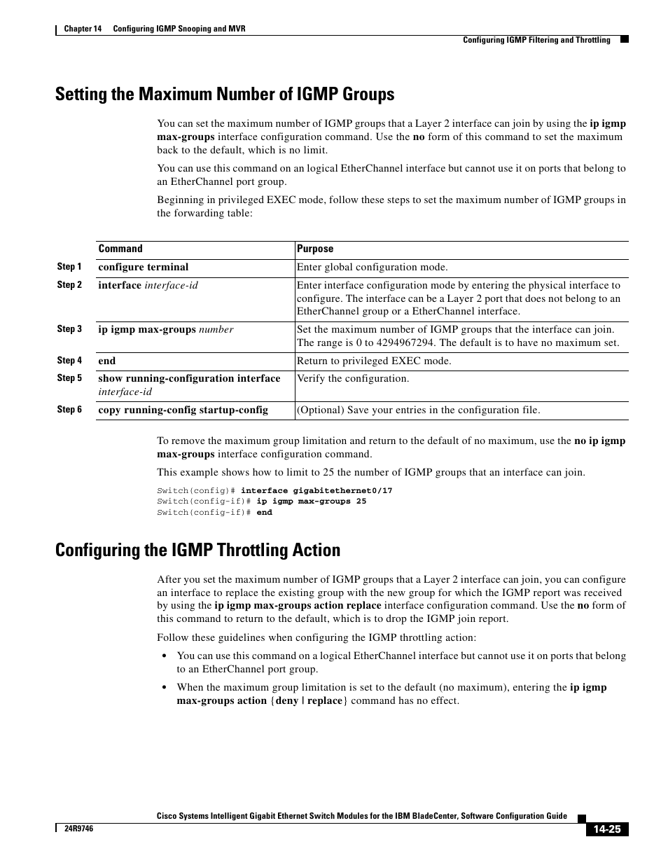 Setting the maximum number of igmp groups, Configuring the igmp throttling action | IBM 12.1(22)EA6 User Manual | Page 303 / 550