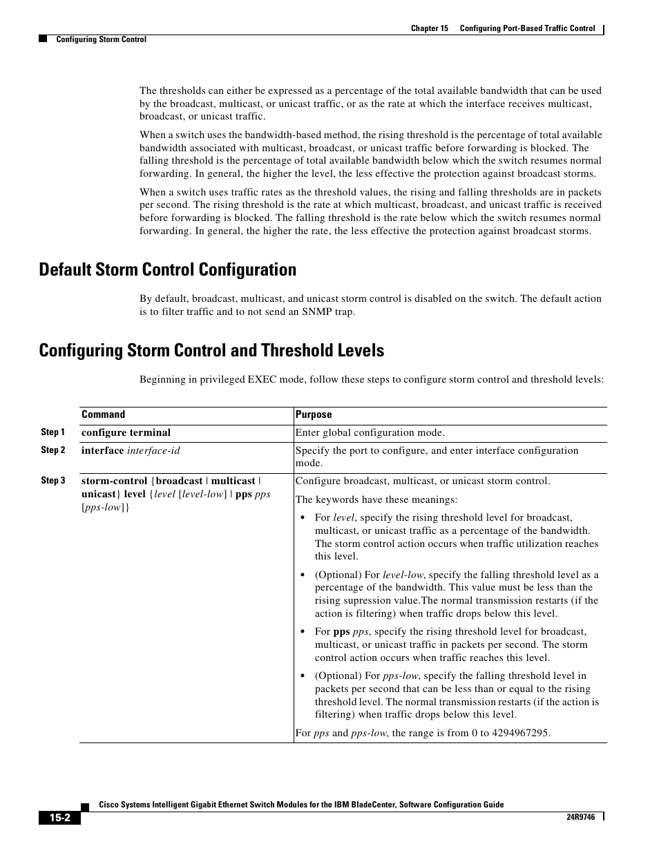 Default storm control configuration, Configuring storm control and threshold levels | IBM 12.1(22)EA6 User Manual | Page 308 / 550