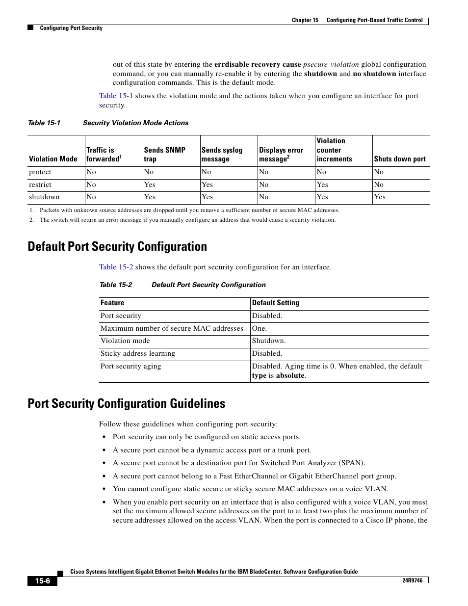 Default port security configuration, Port security configuration guidelines | IBM 12.1(22)EA6 User Manual | Page 312 / 550