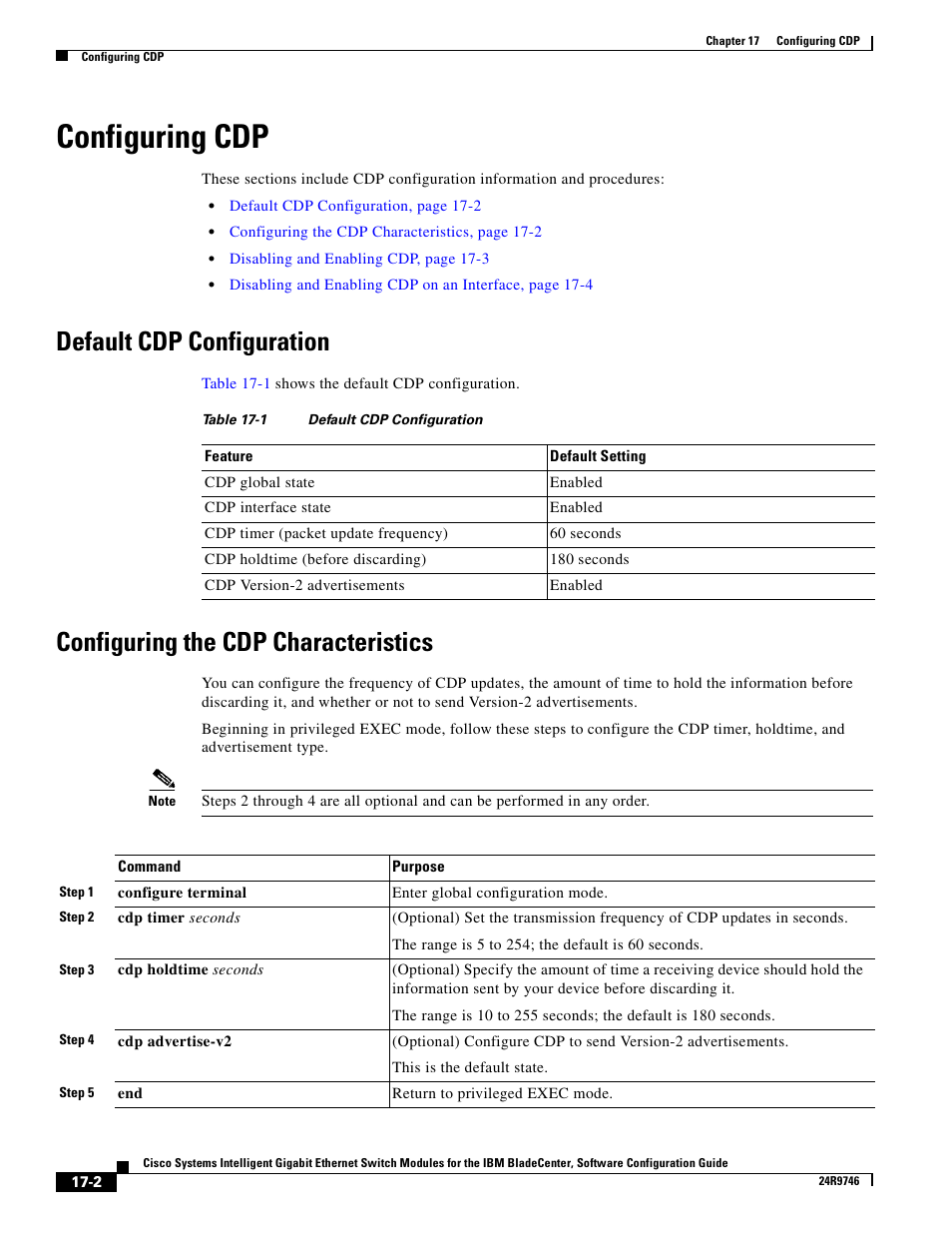 Configuring cdp, Default cdp configuration, Configuring the cdp characteristics | IBM 12.1(22)EA6 User Manual | Page 328 / 550