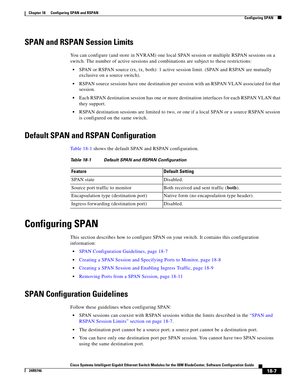 Span and rspan session limits, Default span and rspan configuration, Configuring span | Span configuration guidelines | IBM 12.1(22)EA6 User Manual | Page 339 / 550