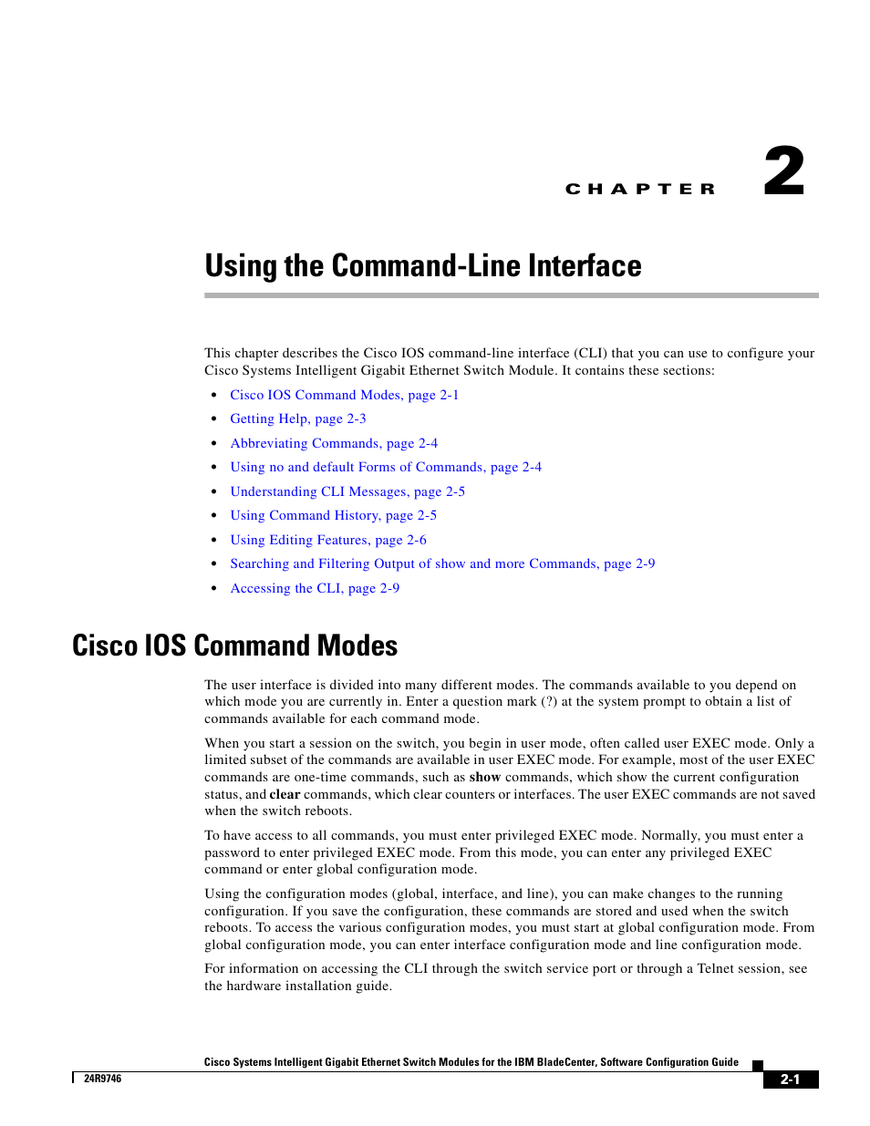 Using the command-line interface, Cisco ios command modes, C h a p t e r | IBM 12.1(22)EA6 User Manual | Page 35 / 550