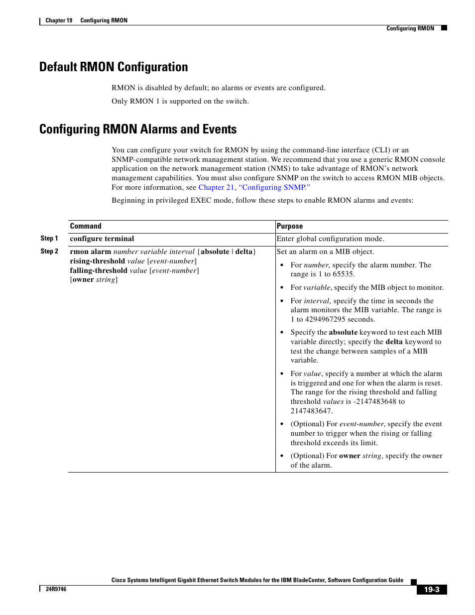 Default rmon configuration, Configuring rmon alarms and events | IBM 12.1(22)EA6 User Manual | Page 353 / 550