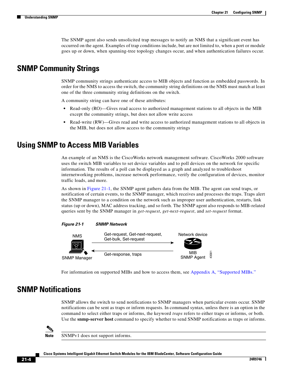 Snmp community strings, Using snmp to access mib variables, Snmp notifications | IBM 12.1(22)EA6 User Manual | Page 372 / 550