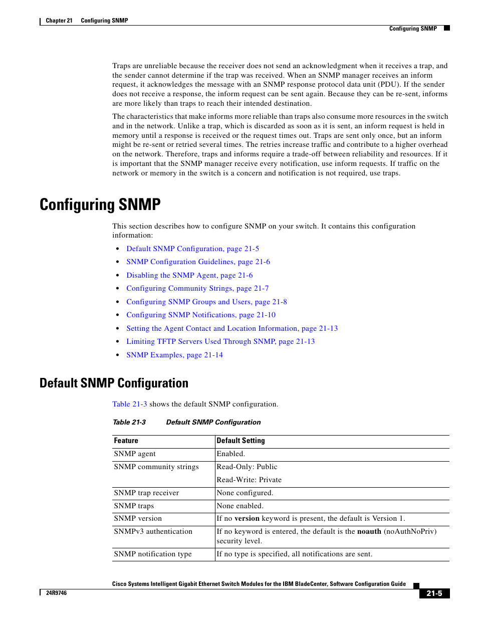 Configuring snmp, Default snmp configuration | IBM 12.1(22)EA6 User Manual | Page 373 / 550