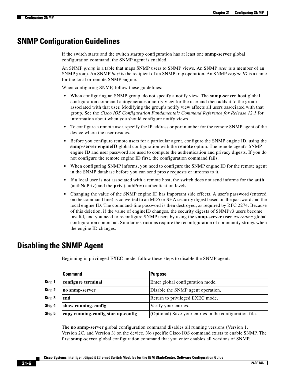 Snmp configuration guidelines, Disabling the snmp agent | IBM 12.1(22)EA6 User Manual | Page 374 / 550