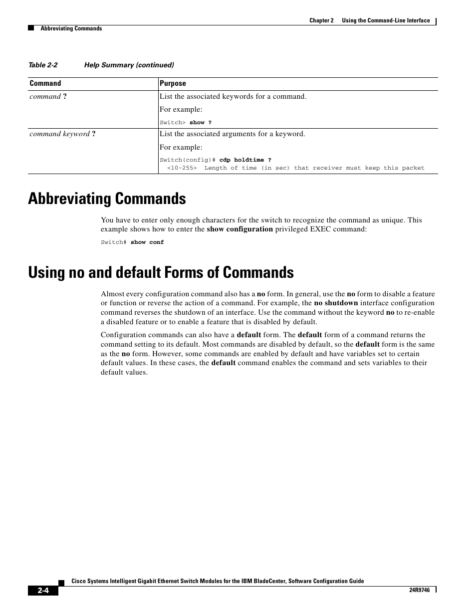 Abbreviating commands, Using no and default forms of commands | IBM 12.1(22)EA6 User Manual | Page 38 / 550