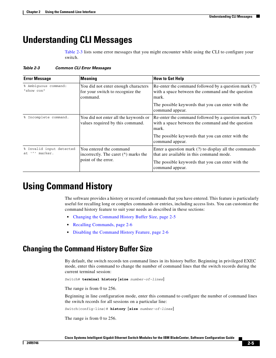 Understanding cli messages, Using command history, Changing the command history buffer size | IBM 12.1(22)EA6 User Manual | Page 39 / 550