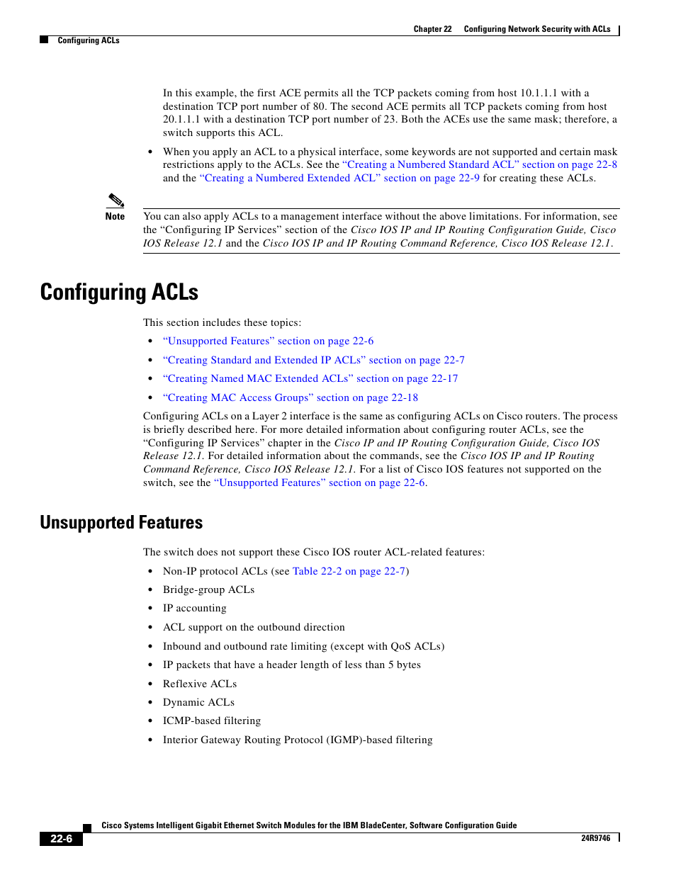 Configuring acls, Unsupported features | IBM 12.1(22)EA6 User Manual | Page 390 / 550