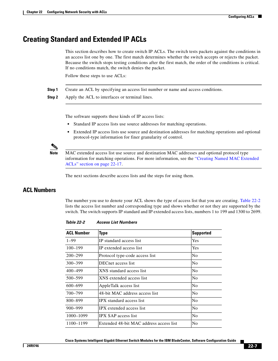 Creating standard and extended ip acls, Acl numbers | IBM 12.1(22)EA6 User Manual | Page 391 / 550