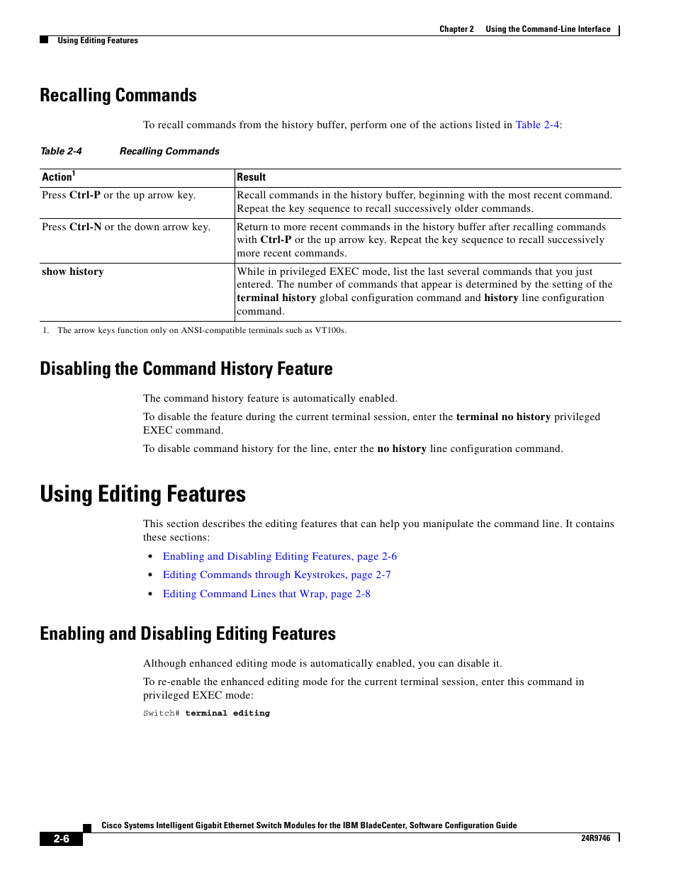 Recalling commands, Disabling the command history feature, Using editing features | Enabling and disabling editing features | IBM 12.1(22)EA6 User Manual | Page 40 / 550